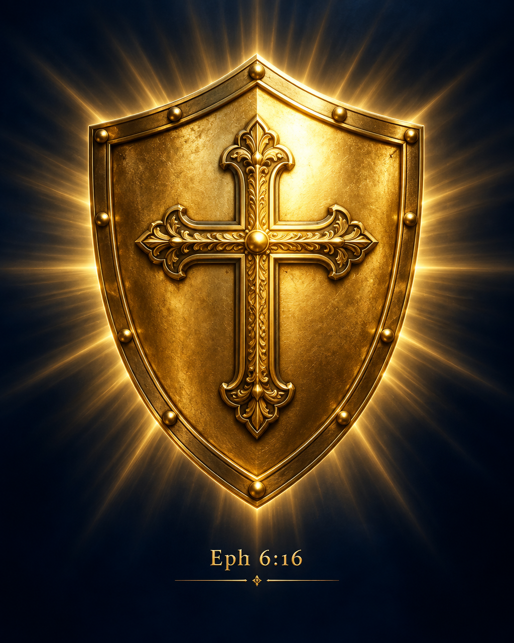 Golden shield of faith with a cross, radiating light